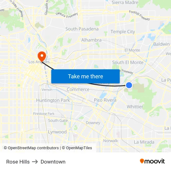 Rose Hills to Downtown map