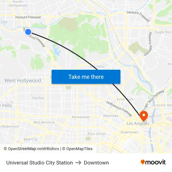 Universal Studio City Station to Downtown map