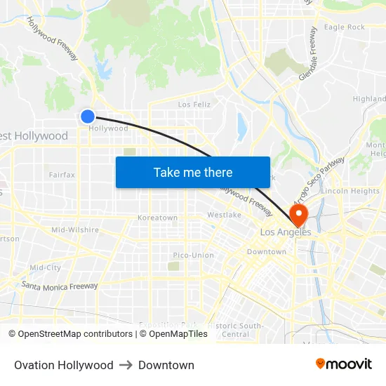 Ovation Hollywood to Downtown map