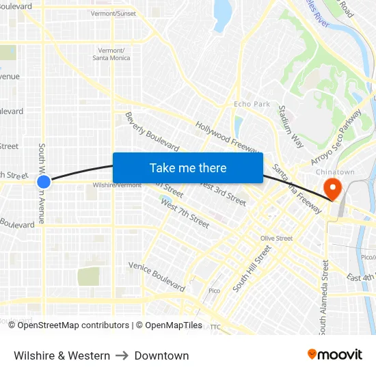 Wilshire & Western to Downtown map