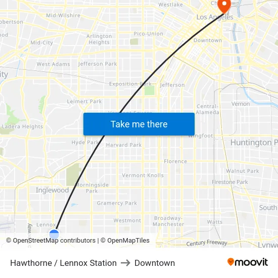 Hawthorne / Lennox Station to Downtown map