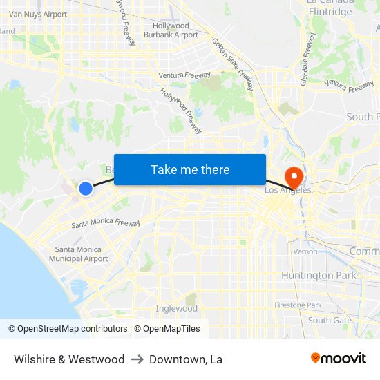 Wilshire & Westwood to Downtown, La map