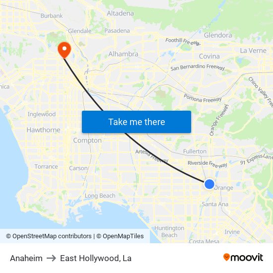 Anaheim to East Hollywood, La map