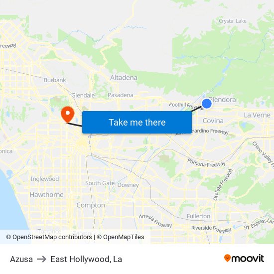 Azusa to East Hollywood, La map