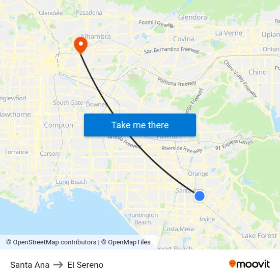 Santa Ana to El Sereno map