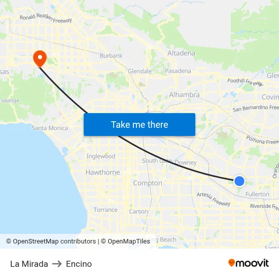 La Mirada to Encino map