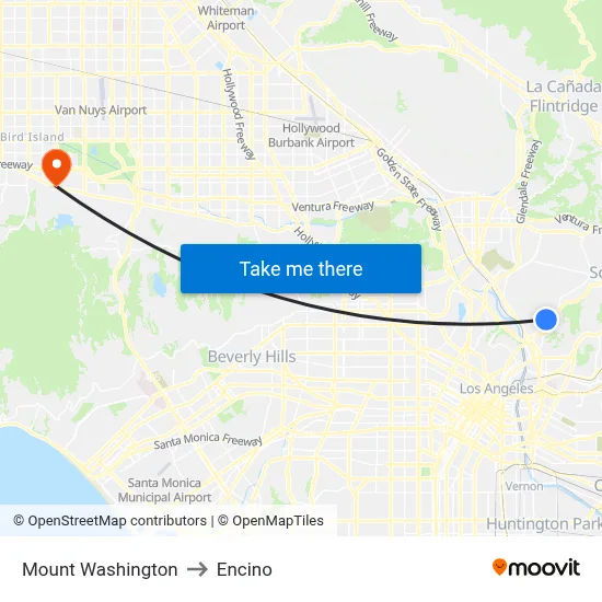 Mount Washington to Encino map