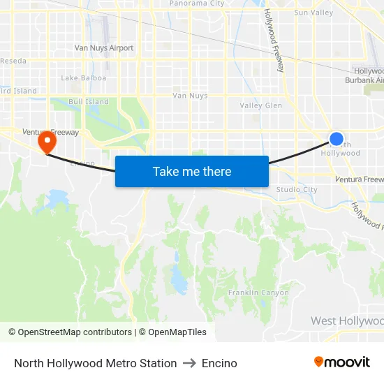 North Hollywood Metro Station to Encino map