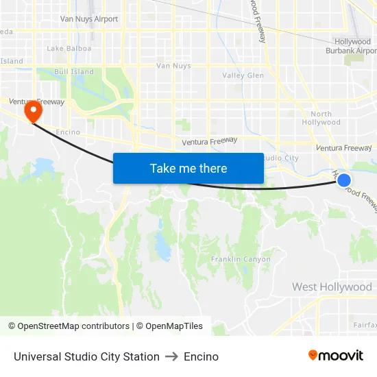 Universal Studio City Station to Encino map