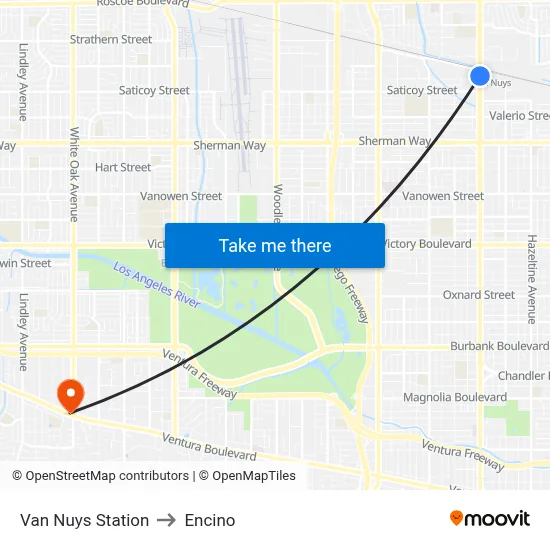 Van Nuys Station to Encino map