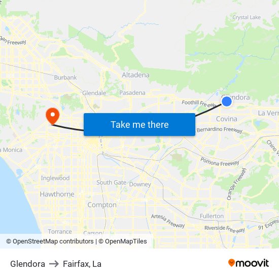 Glendora to Fairfax, La map