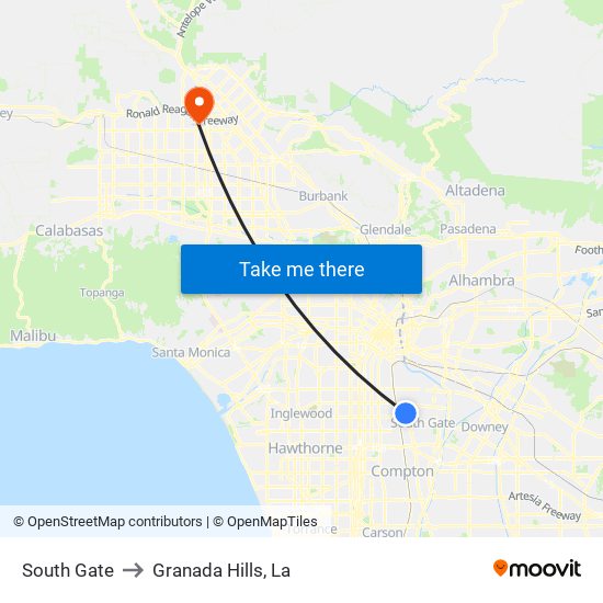 South Gate to Granada Hills, La map