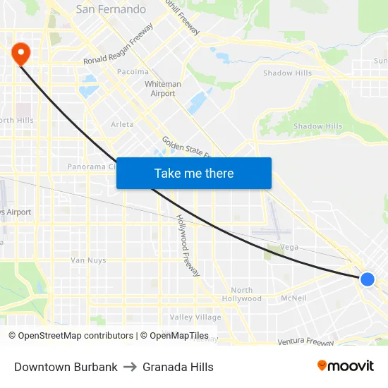 Downtown Burbank to Granada Hills map