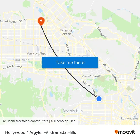 Hollywood / Argyle to Granada Hills map