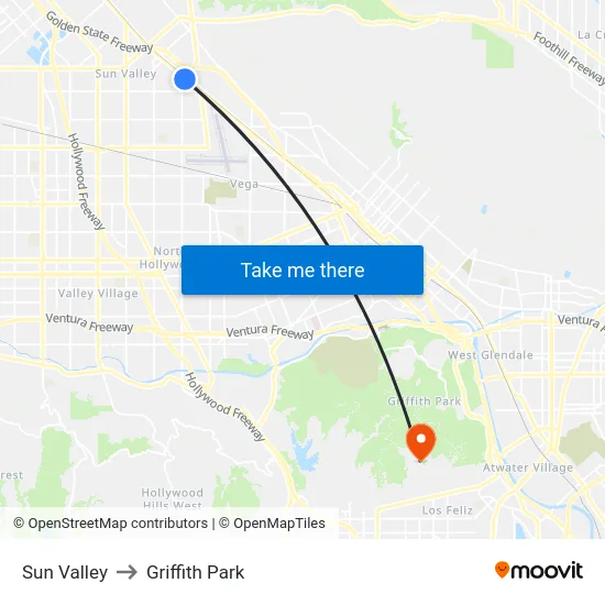 Sun Valley to Griffith Park map