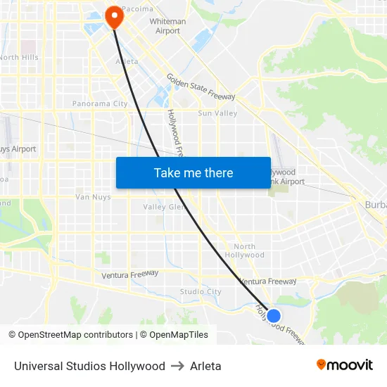 Universal Studios Hollywood to Arleta map
