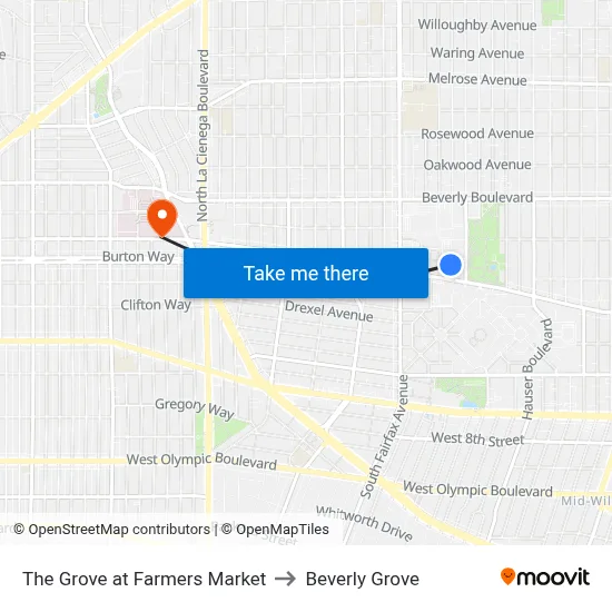 The Grove at Farmers Market to Beverly Grove map