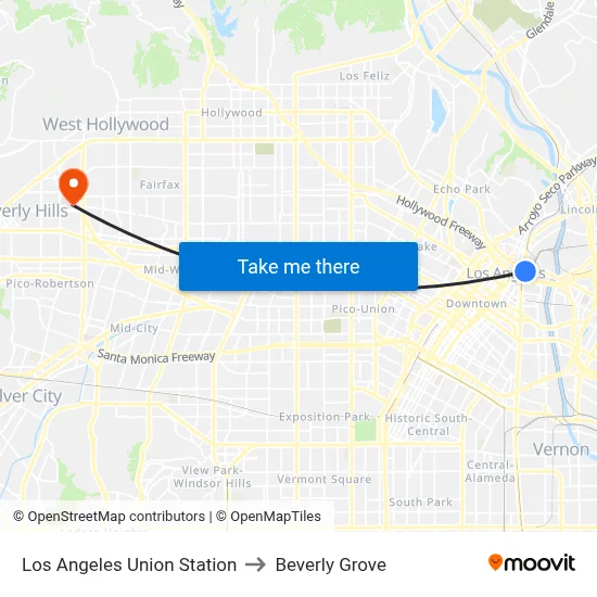 Los Angeles Union Station to Beverly Grove map