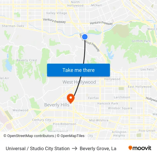 Universal / Studio City Station to Beverly Grove, La map