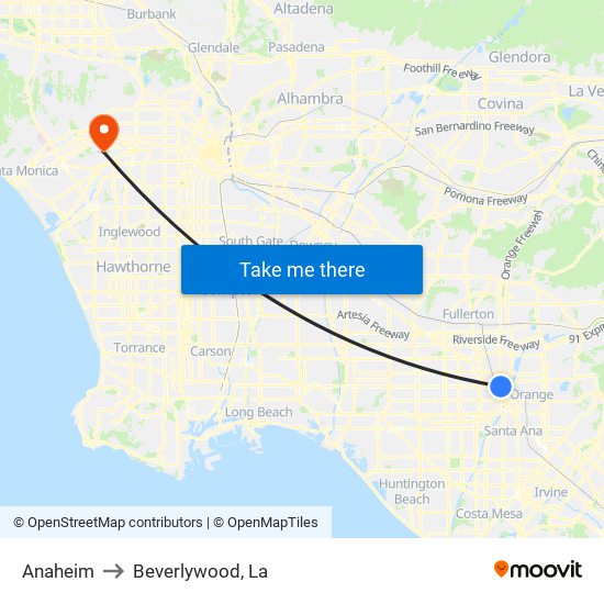 Anaheim to Beverlywood, La map