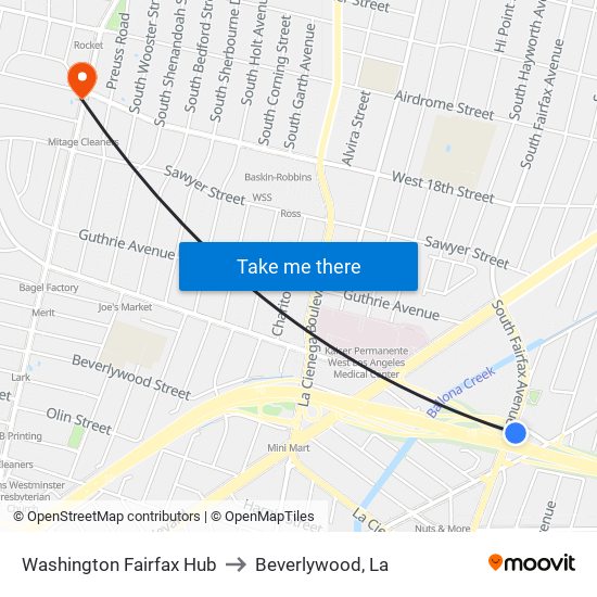 Washington Fairfax Hub to Beverlywood, La map