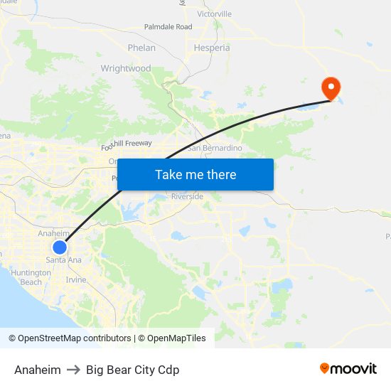 Anaheim to Big Bear City Cdp map