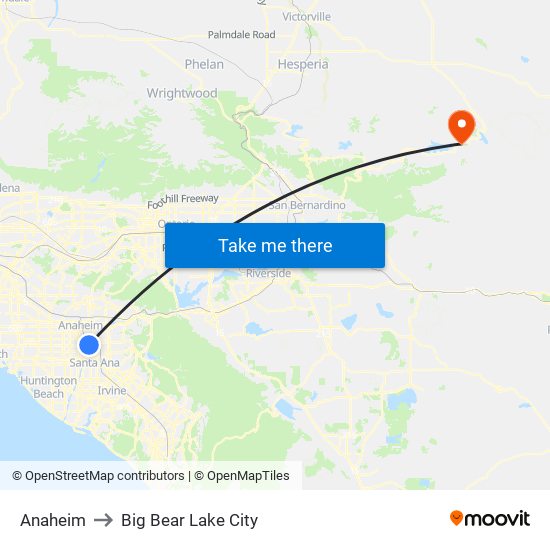 Anaheim to Big Bear Lake City map