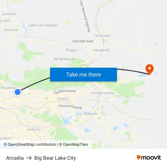 Arcadia to Big Bear Lake City map