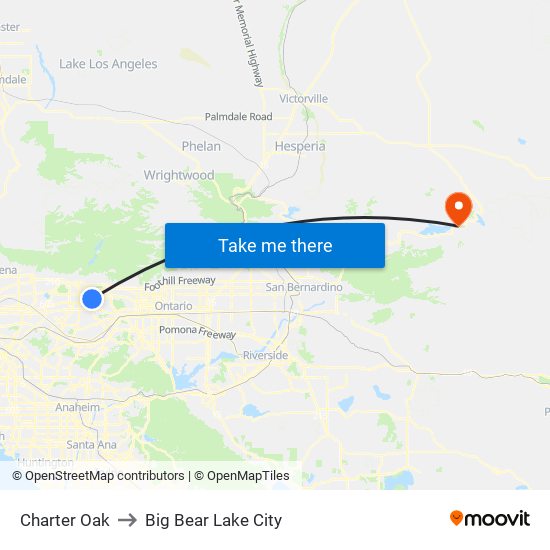 Charter Oak to Big Bear Lake City map