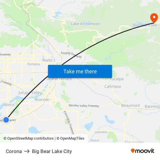 Corona to Big Bear Lake City map