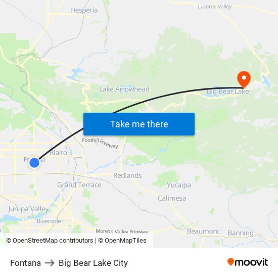 Fontana to Big Bear Lake City map