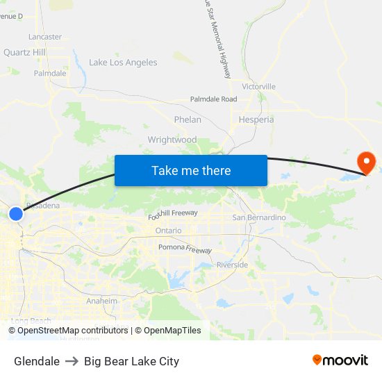 Glendale to Big Bear Lake City map