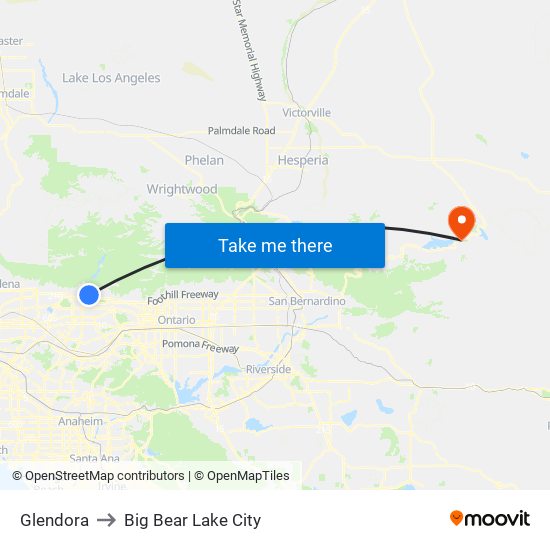 Glendora to Big Bear Lake City map