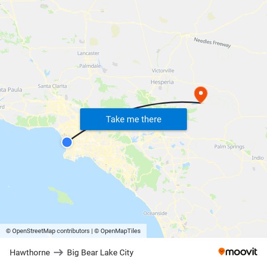 Hawthorne to Big Bear Lake City map
