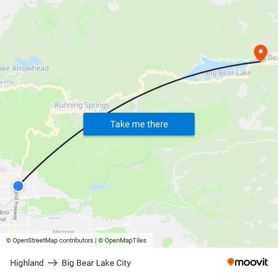 Highland to Big Bear Lake City map