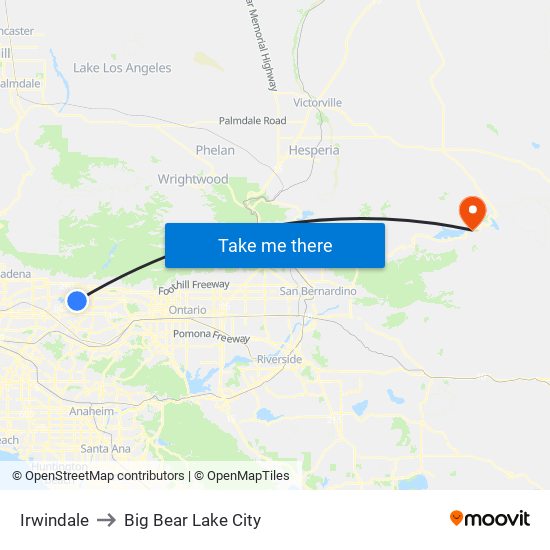 Irwindale to Big Bear Lake City map