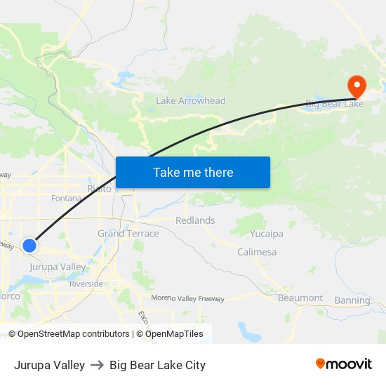 Jurupa Valley to Big Bear Lake City map