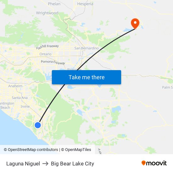 Laguna Niguel to Big Bear Lake City map