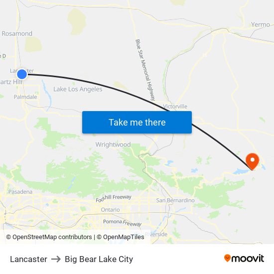 Lancaster to Big Bear Lake City map