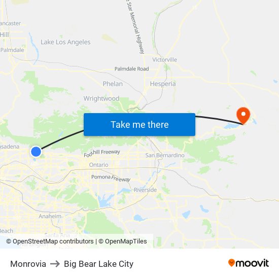 Monrovia to Big Bear Lake City map