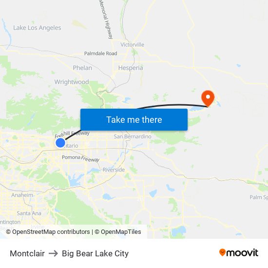 Montclair to Big Bear Lake City map