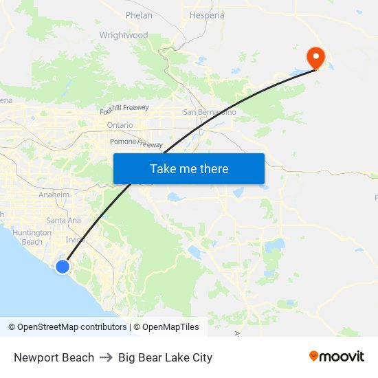 Newport Beach to Big Bear Lake City map