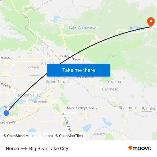 Norco to Big Bear Lake City map