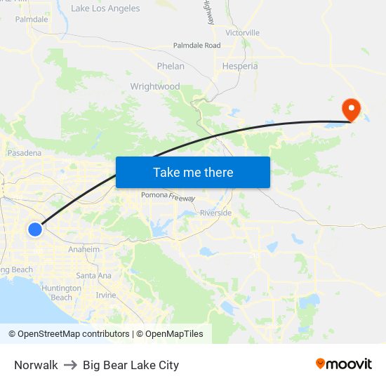 Norwalk to Big Bear Lake City map