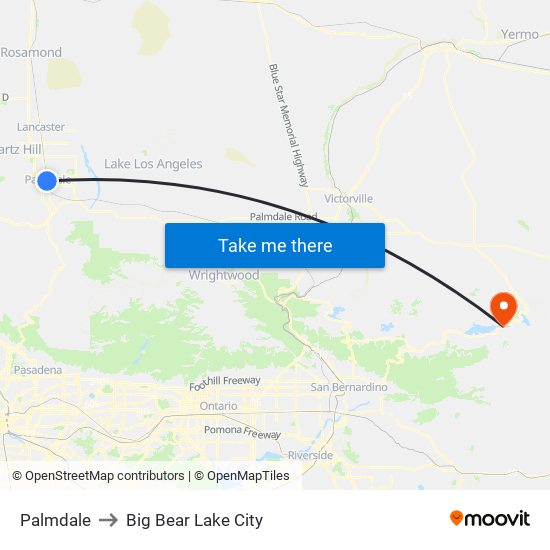 Palmdale to Big Bear Lake City map