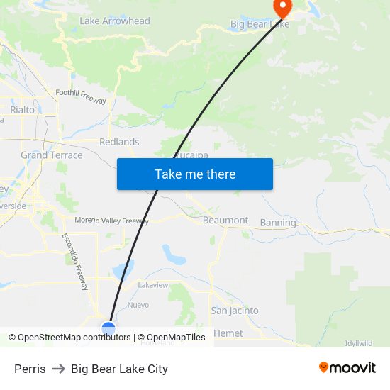 Perris to Big Bear Lake City map