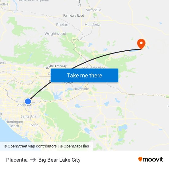 Placentia to Big Bear Lake City map