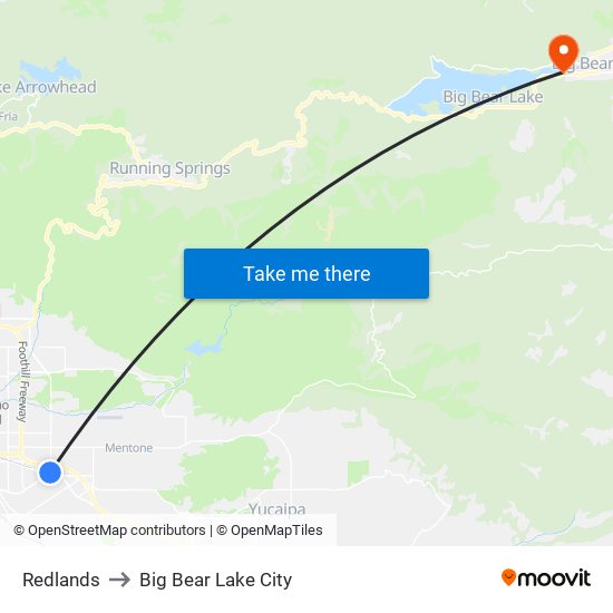 Redlands to Big Bear Lake City map