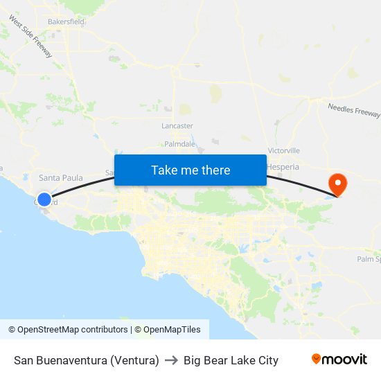 San Buenaventura (Ventura) to Big Bear Lake City map