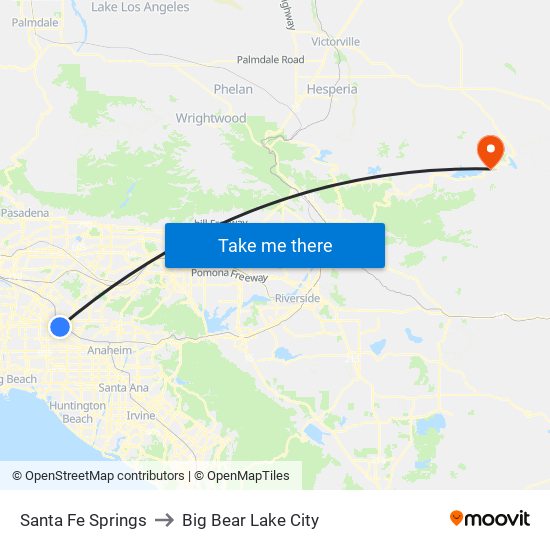 Santa Fe Springs to Big Bear Lake City map